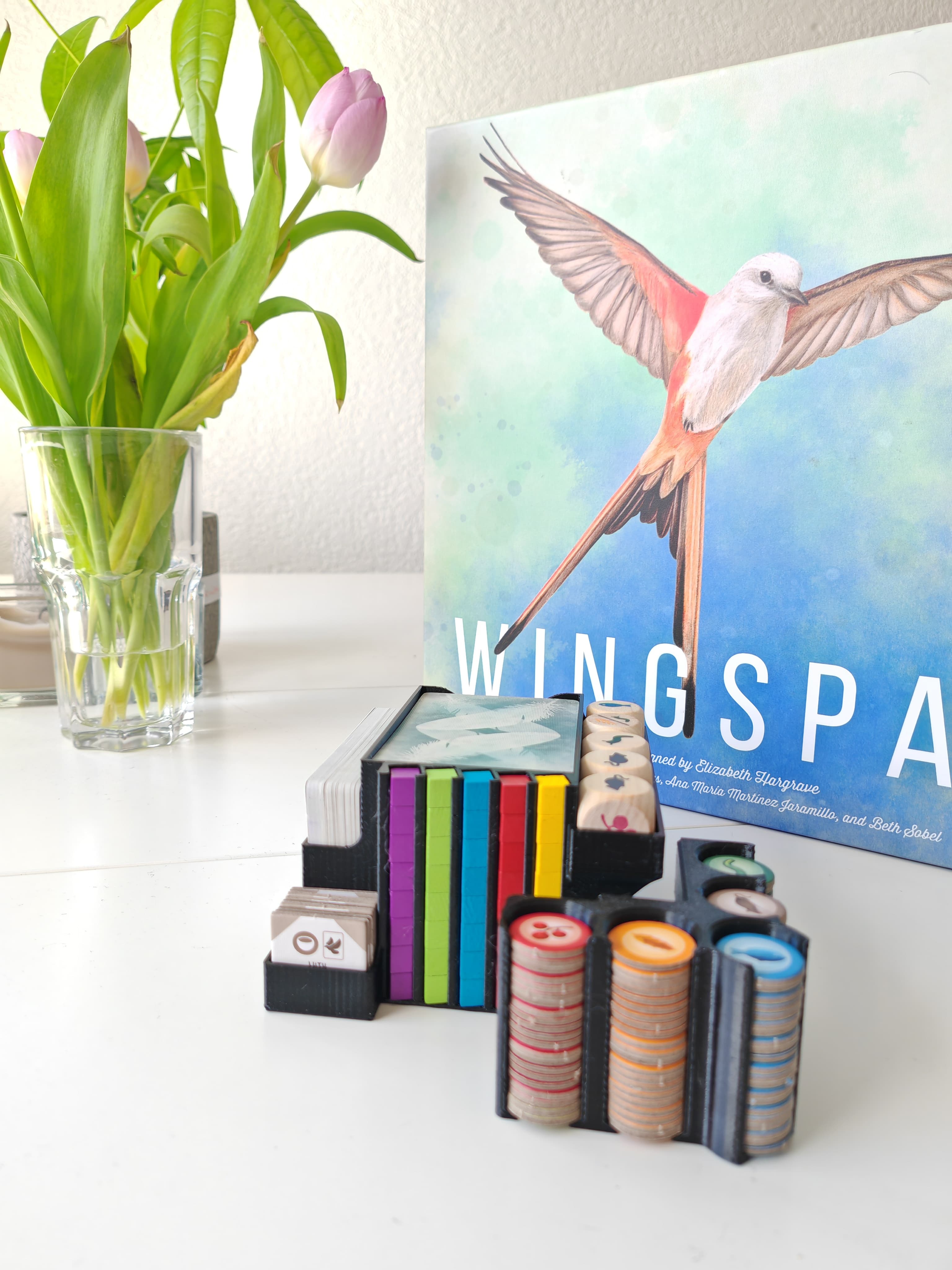 Wingspan board game organizer with elevated bird feeder - Black